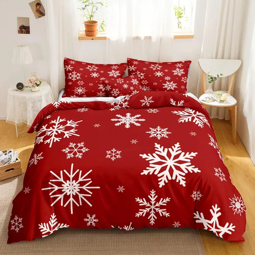 Miniatura 9 de Juego de ropa de cama de Navidad con funda de edredón de copos de nieve, color blanco y rojo, con estampado navideño, juego de ropa de cama festiva