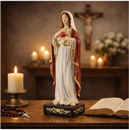 Miniatura 7 de Estatua de la Virgen María rezando con rosario – Estatua católica de resina de Nuestra Señora de Lourdes, figura de la Virgen María para sala