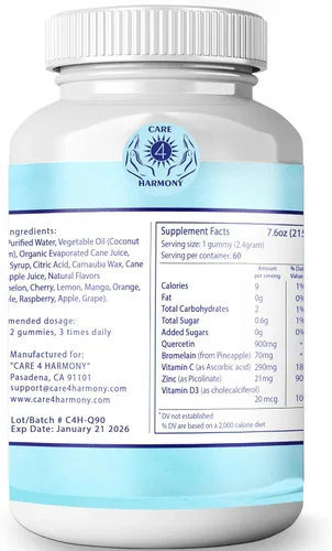 Miniatura 5 de Gomitas de quercetina – Quercetina con bromelina Vitamina C + Zinc Vitamina D3 – Quercetina Masticable 900mg Suplementos – Quercetina para niños