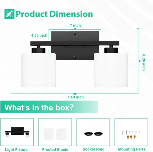 Miniatura 4 de Honesorn Luces Modernas de Tocador - 2 Luces Negras para Baño con Pantalla Esmerilada, E26 Montadas en Pared, Antioxidante