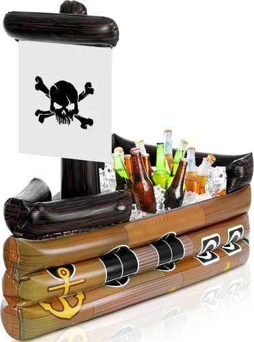 Miniatura 8 de Zhanmai Enfriador inflable de bebida de barco pirata, contenedor de comida inflable para verano, carnaval, Mardi Gras, fiesta de cumpleaños pirata