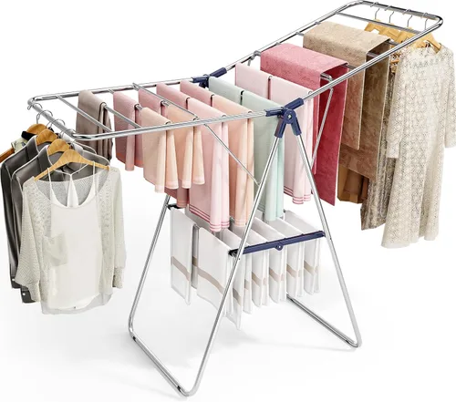 APEXCHASER Estante de Secado de Ropa, Estante de Secado de Acero Inoxidable para Ropa con Altura Ajustable, Plegable, Secador de Ropa de Ala de Azul