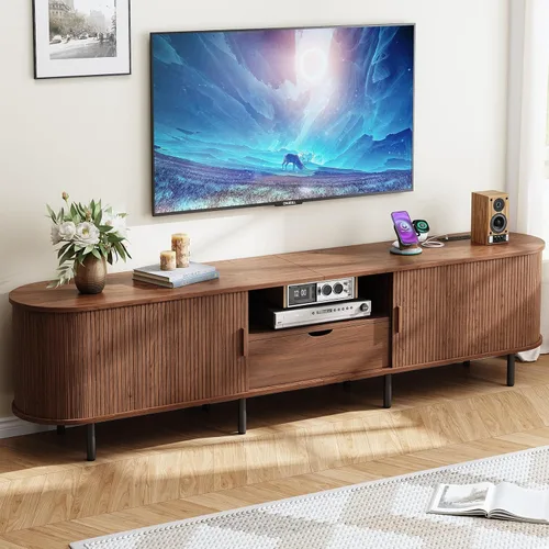 Miniatura 8 de ONBRILL Soporte de TV de 69 pulgadas con toma de corriente para televisores de hasta 80 pulgadas, centro de entretenimiento con almacenamiento