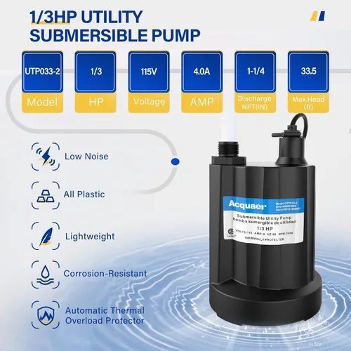 Miniatura 5 de Acquaer Bomba de agua sumergible 1/3 HP de 2160 GPH Bomba de sumidero Bomba de utilidad de termoplástico Bomba de agua eléctrica portátil para Gery