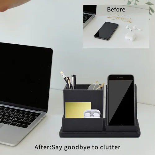 Miniatura 9 de Organizador de escritorio de piel sintética para bolígrafos/lápices, caja de almacenamiento multifunción para teléfono celular/control remoto con 3