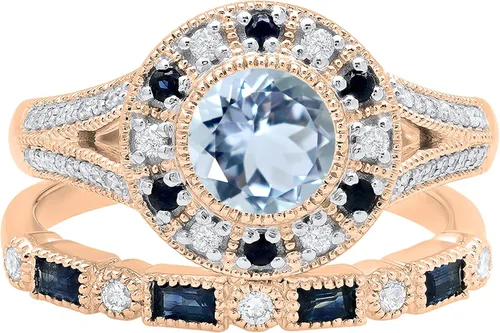 Miniatura 2 de Dazzlingrock Collection 6mm Centre Round Gemstone with Round White Diamond & Baguette Alternating Blue Sapphire Halo Miligrain Wedding Ring Set for