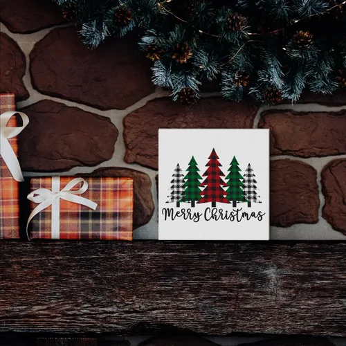 Miniatura 5 de Cartel de madera con diseño de árboles de Navidad divertidos, caja de madera con texto en inglés «Merry Christmas», arte rústico, estante