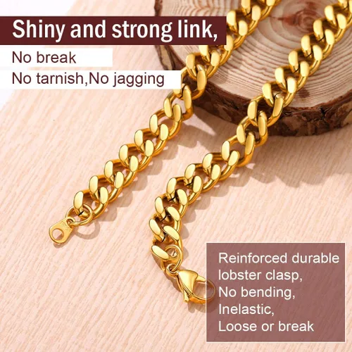 Miniatura 4 de FindChic - Collar con cadena para hombre chapado en oro de 18 quilates acero inoxidable doble apretado eslabones cubanos para hombres y niños