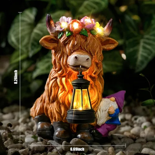 Miniatura 6 de TOLIMI - Farol de jardín con estatuas de resina de vaca de las tierras altas con gnomo, decoración de luz solar para exteriores, decoraciones