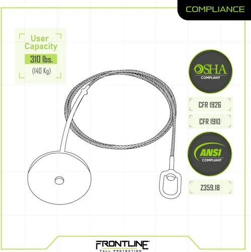 Miniatura 6 de Frontline Fall Protection DT602 Placa redonda de anclaje de 6 pulgadas con cable de 2 pies Cumple con OSHA y ANSI Punto de anclaje extraíble