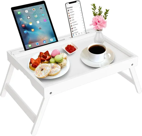 Miniatura 14 de Bandeja para la cama con asas y patas plegables, bandeja de desayuno de bambú con ranura para medios, uso como plato, escritorio para laptop, Negro