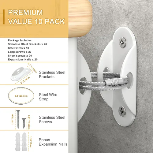 Miniatura 3 de Booda Brand Anclajes para muebles (paquete de 10) para proteger a los bebés, correas de muebles antipuntas, anclaje para muebles que aseguran 400