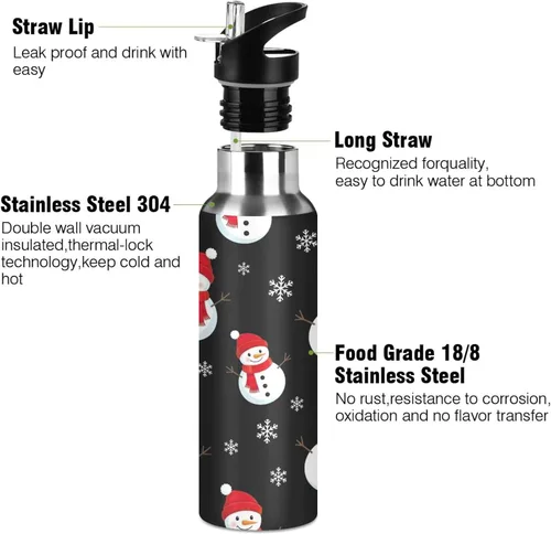Miniatura 3 de Cute Snowmen Black Stainless Steel Vacuum Insulated Water Bottle 20 Oz Leakproof Water Bottles, BPA-Free Sports Water Bottle with Straw