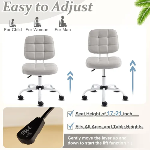 Miniatura 8 de VINGLI Silla de escritorio pequeña compacta, bonita silla sin brazos con ruedas, silla de tocador con respaldo bajo, silla de trabajo de altura Gris
