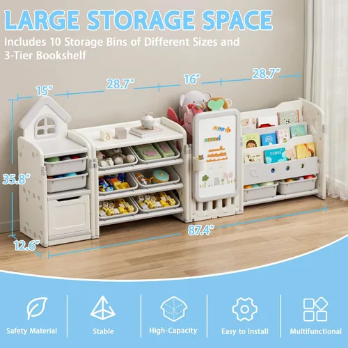 Miniatura 2 de DEYGIA Organizador plegable de almacenamiento de juguetes para niños con 10 contenedores extraíbles y estantería de 3 niveles, organizador de Blanco