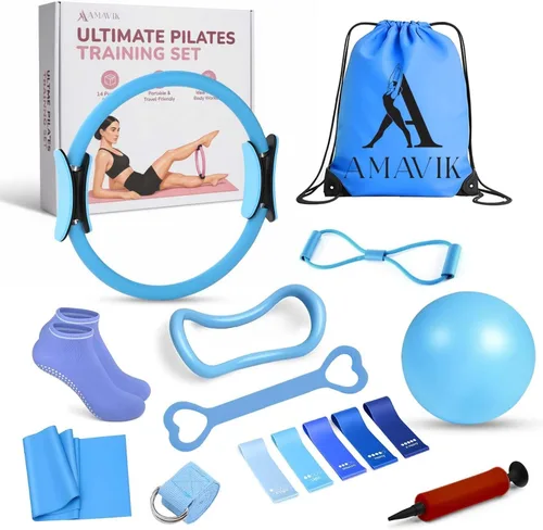 AMAVIK Kit de pilates de entrenamiento en casa de 14 piezas con bandas de resistencia, entrenador de núcleo, calcetines de agarre y accesorios, un