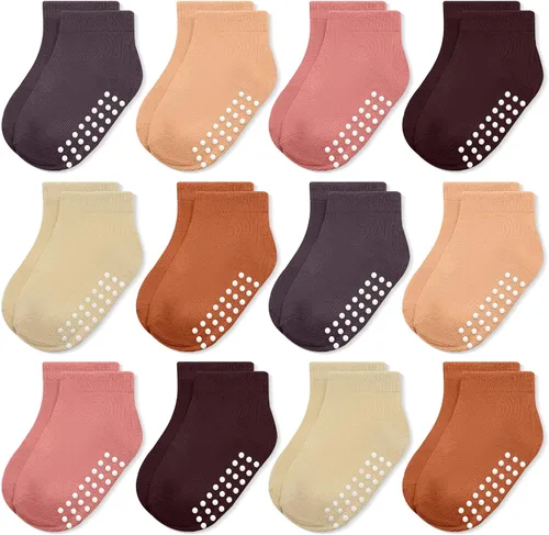 Miniatura 16 de JAKIDAR 12 pares de calcetines antideslizantes de algodón para niños y niñas, suela antideslizante para bebés y niños