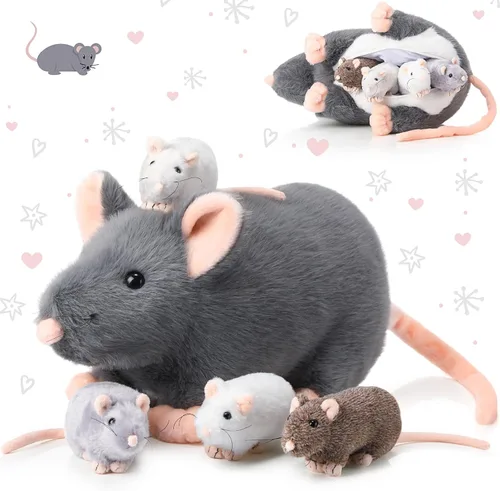 Miniatura 7 de Arrowbash - 5 piezas de animales de peluche de ratón con bebés, peluche de rata mamá de 14 pulgadas con 4 ratones pequeños en el abdomen