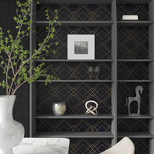 Miniatura 6 de CHIHUT Papel tapiz con forma de diamante negro y dorado para sala de estar, 17.7 x 236 pulgadas, papel tapiz moderno Art Deco para dormitorio, baño