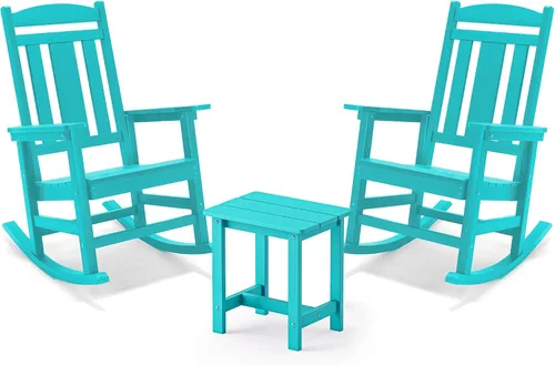 Miniatura 28 de LUE BONA Juego de mecedoras para exteriores, 3 piezas, mecedoras de polietileno HDPS con mesa, juego de sillas mecedoras de plástico resistente a