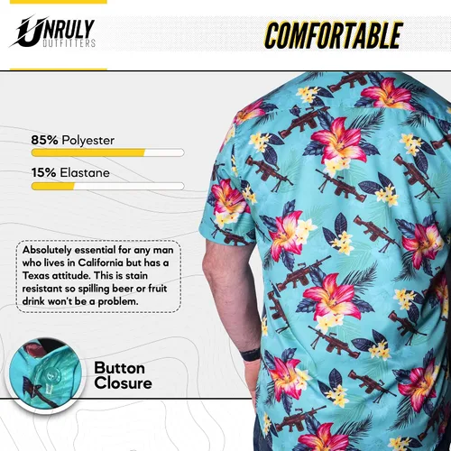 Miniatura 3 de Camisa hawaiana para hombre, color verde, M249, camisas con botones para hombre, divertidas camisas de armas de flores con pistolas