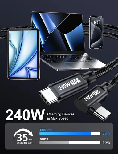 Miniatura 3 de Cable USB C a USB C de 240W 0.5FT, PD 3.1 Tipo C a C 5A Cable de Carga Rápida en Ángulo Recto para MacBook Pro/Air, iPad Pro/Air/Mini