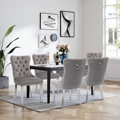 Miniatura 85 de Juego de 4 Sillas de Comedor de Terciopelo Tapizadas con Capitoné, Sillas Laterales de Cocina con Ribete de Tachuelas y Patas Chapadas en Oro