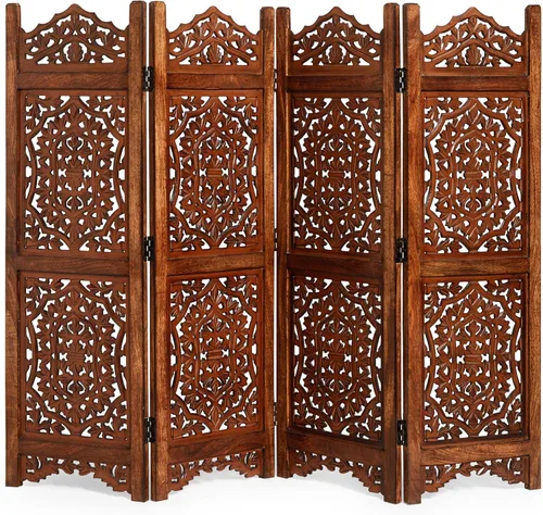 Lightnpro 4 Panel Royal Octagon Wooden Room Divider 64"(W) x 48"(H) Handmade Heart Design Partition, Intricately Carved, Hinged & Foldable,