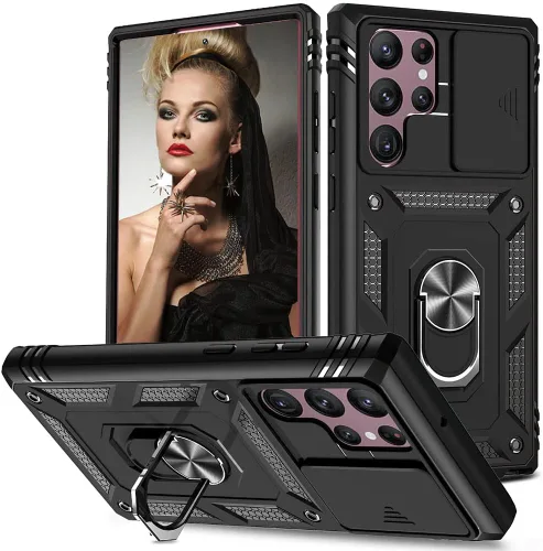 Miniatura 14 de Funda para Samsung Galaxy S22 Ultra 5G con ranura para tarjetero de cámara deslizante, grado militar, resistente, a prueba de golpes, funda de tres