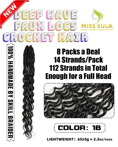 Miniatura 2 de Cabello de Ganchillo Faux Locs de Onda Profunda - 24 Pulgadas 8 Paquetes Pre-Enrollado Negro Natural 112 Hebras Extensiones de Cabello Sintético