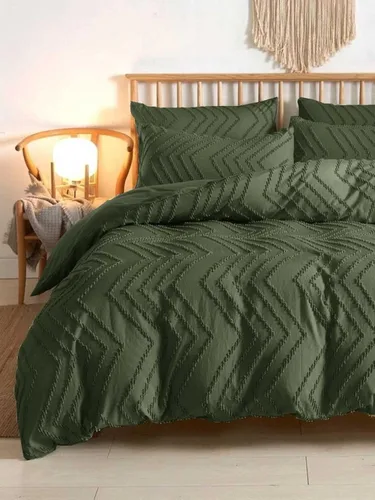Nanko Juego de edredón tamaño Queen de color verde oscuro con mechones bohemio suave shabby chic reversible alternativo al plumón de microfibra,