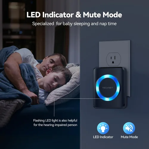 Miniatura 5 de TECKNET Timbre inalámbrico, timbre de puerta de 0 a 120 dB, timbre enchufable de 1300 pies, timbre de aula impermeable IP65, 60 timbres y 5 niveles