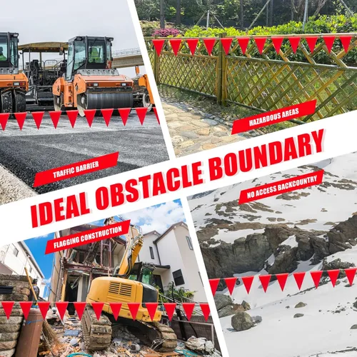 Miniatura 5 de Banderas de advertencia de seguridad de 105 pies – Banderas triangulares multiusos de alta visibilidad para valla exterior, trabajos en carretera