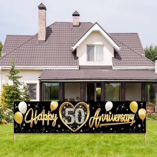 Cartel de feliz 50 aniversario de boda, decoración de cartel de 50 aniversario de oro negro, suministros de fiesta, cabina de fotos para interiores