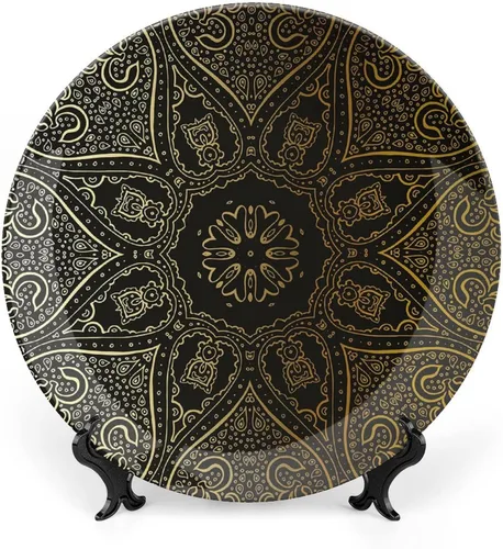 XISUNYA Plato decorativo de 6 pulgadas, plato de porcelana de mandala dorado, tema de armonía de flores asiáticas, estampado árabe, para colgar en