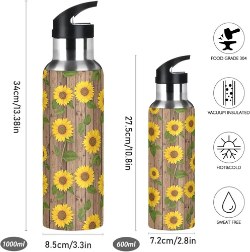 Miniatura 2 de Sunflowers Green Leaves Insulated Stainless Steel Water Bottle with Straw 20 Oz, BPA-Free Sport Water Bottle Insulated Leakproof Water Bottles