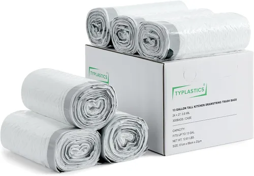 TYPLASTICS FleTex - Bolsas de basura altas con cordón de 13 galones, 300 bolsas, 24 x 27 pulgadas, sin perfume, color blanco, paquete al por mayor
