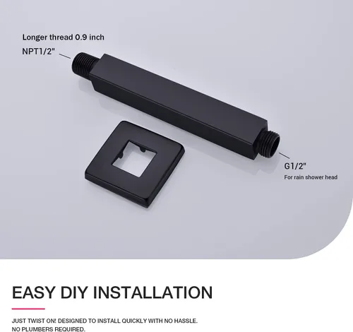 Miniatura 3 de Brazo de ducha negro con brida cuadrada para techo de extensión para cabezal de ducha de lluvia, 6 pulgadas Negro mate