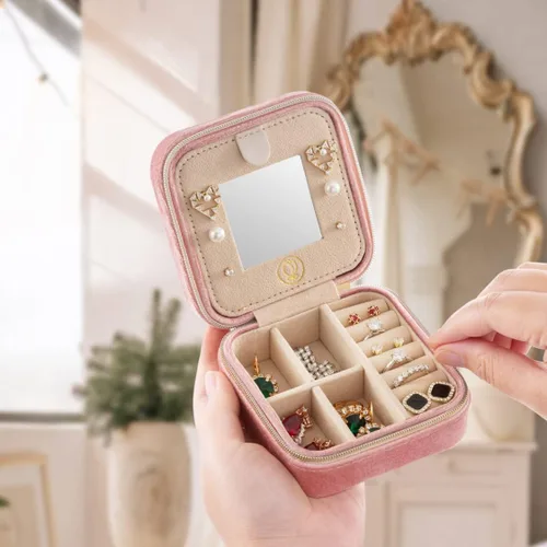 Miniatura 2 de ZPROW Joyero de viaje de terciopelo de felpa, organizador de joyas de viaje, estuche de viaje para joyas, caja de joyería de viaje, pequeña caja