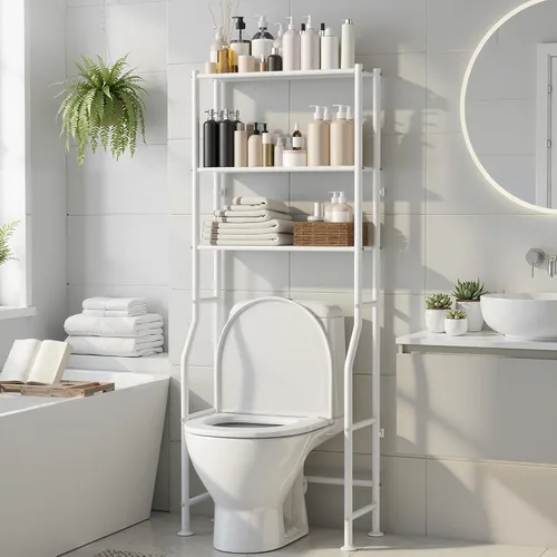 Miniatura 10 de Almacenamiento de 3 niveles sobre el inodoro, estantes de baño de metal independientes, ahorro de espacio sobre el estante de almacenamiento