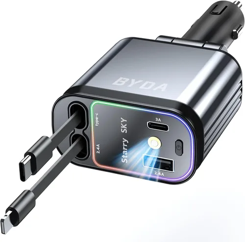 Cargador de Coche Retráctil 4 en 1, 69W con Luz Estrellada, Cargador de Encendedor de Cigarrillos, para Mamá Papá, Regalos para Hombres Mujeres,