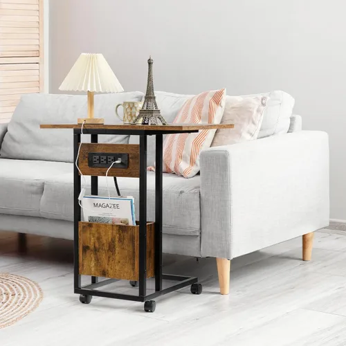 Miniatura 2 de Hadulcet Mesa auxiliar en forma de C con estación de carga y mesa plegable, mesa plegable para TV con almacenamiento, mesa para laptop para sofá