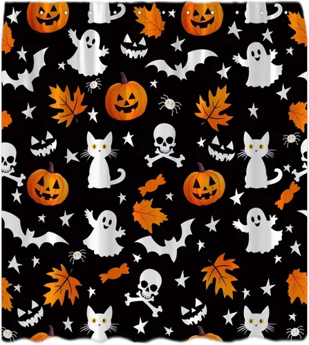 Cortina de ducha espeluznante de Halloween, color negro, lindo fantasma, horror, calabaza, calavera, gato negro, murciélago, araña, caricatura,