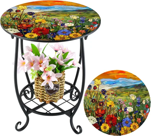 Miniatura 9 de Cinnvoice Mesa auxiliar redonda para exteriores, mosaico pequeño, decoración de patio, planta interior, mesa de té para patio, porche, jardín, sala