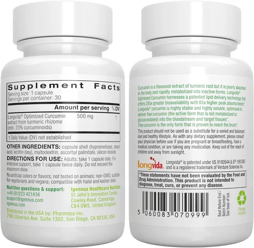 Miniatura 6 de Longvida - Curcumina optimizada de 500 mg, ultra biodisponible y acción sostenida, vegana, 30 cápsulas