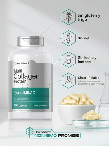 Miniatura 5 de Horbäach Proteína de colágeno múltiple 2000 mg 180 cápsulas Colágeno hidrolizado tipo I, II, III, V, X Apto para dieta cetogénica y paleo, sin