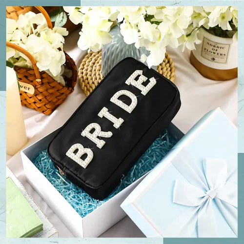 Miniatura 7 de Bolsa de maquillaje de nailon para novia, bolsa de aseo de viaje para cosméticos, bolsa de regalo de compromiso, con diamantes de imitación