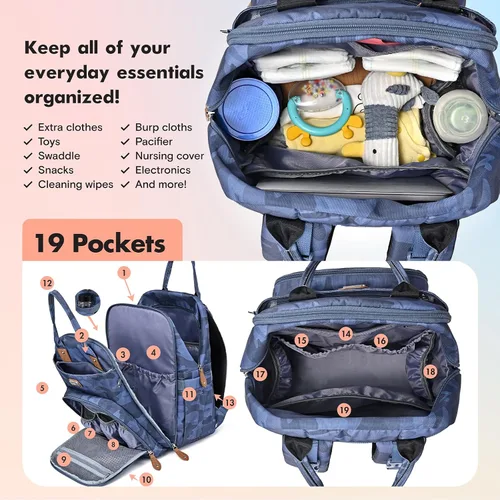 Miniatura 3 de Dikaslon Mochila para pañales con cambiador portátil, funda para chupete y correas para cochecito, bolsas de bebé unisex grandes para niños y niñas