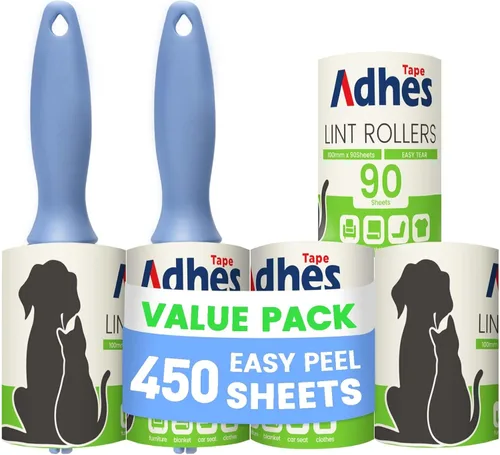 ADHES - Rodillo de pelusa para pelo de mascotas – 5 rollos + 2 asas, 4 pulgadas x 90 hojas, rodillos desechables extra pegajosos para la eliminación