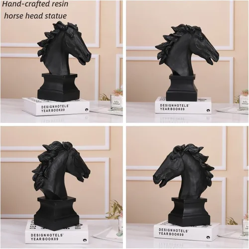 Miniatura 6 de Estatua de cabeza de caballo negra de 12 pulgadas de alto, escultura de caballos para decoración del hogar, resina grande, pintada a mano, animal